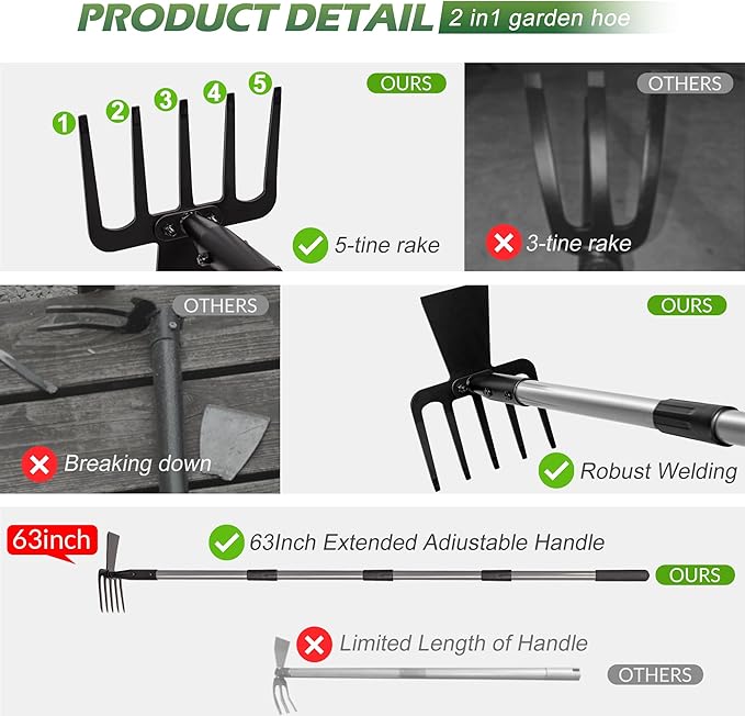 Walensee Hoe Garden Tool, 63 Inch Garden Hoe with Adjustable Long Handle for Weeding, 5-Tines Hoe Cultivator 2 in 1 Hand Weeder Tools for Yard Lawn Planting Gardening Digging