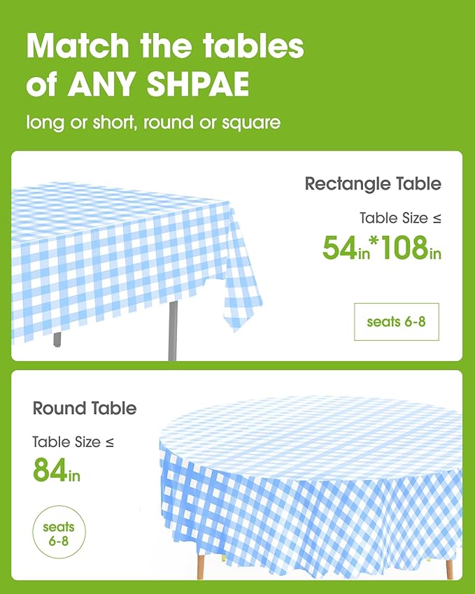 Pureegg Plastic Table Cloth Disposable 8 Pack, 54 x 108 Inch Table Cloths, Party, Picnic, Decorative Gingham Tablecloths, Rectangle, Blue and White Checkered Cover, Leakproof & Sturdy, Blue Plaid