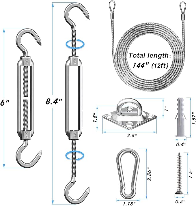 84 Pcs Sun Shade Sail Hardware Kit with Cable Wire Rope for Rectangle Square Triangle Shade Sail Installation, 6 inch 304 Grade Stainless for Garden,Outdoors,DIY Crafts,Railing