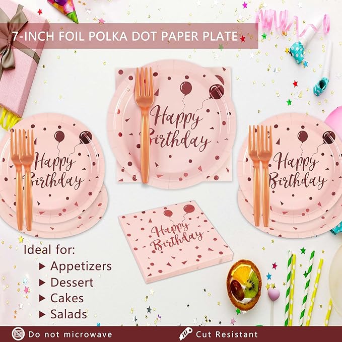 75PCS Happy Birthday Paper Plates - 7 Inch Rose Gold Dot Paper Plates and 6.5 Inch Napkins with 6.3 Inch Gold Forks Disposable Tableware Set for Birthday Party Decorations, Serves 25