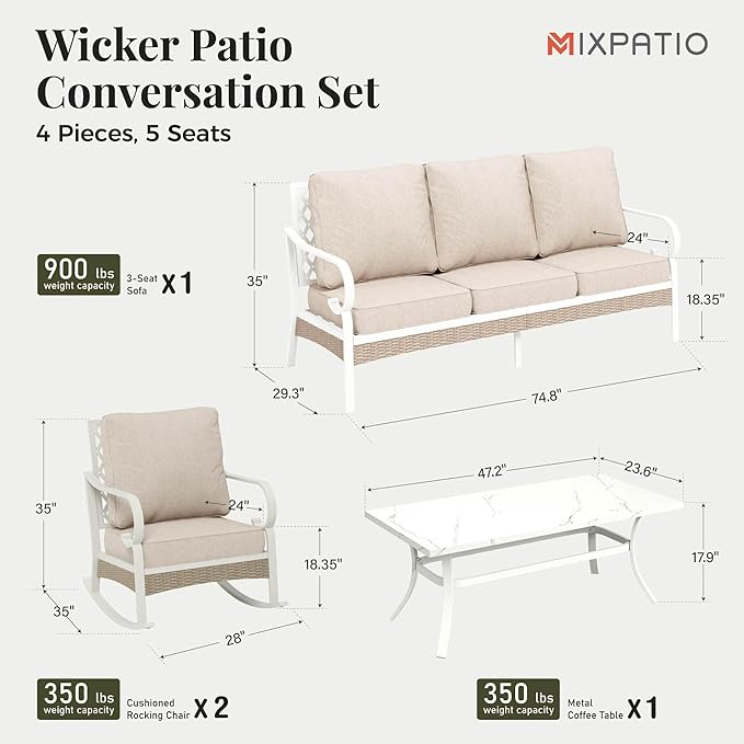 4 Piece Patio Furniture Set, 2 x Rocking Chair, 1 x 3-Seat Sofa with Marbling Coffee Table, All Cushioned 5 Seats Outdoor Conversation Set for Lawn Deck Backyard, Beige