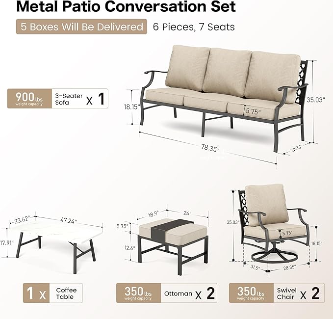 Patio Furniture Set, Modern Metal Outdoor Patio Furniture, 3 Seater Sofa, 2 Swivel Chairs, 2 Ottomans, Coffee Table and 5.75" Extra Thick Cushion, Patio Conversation Set for Backyard