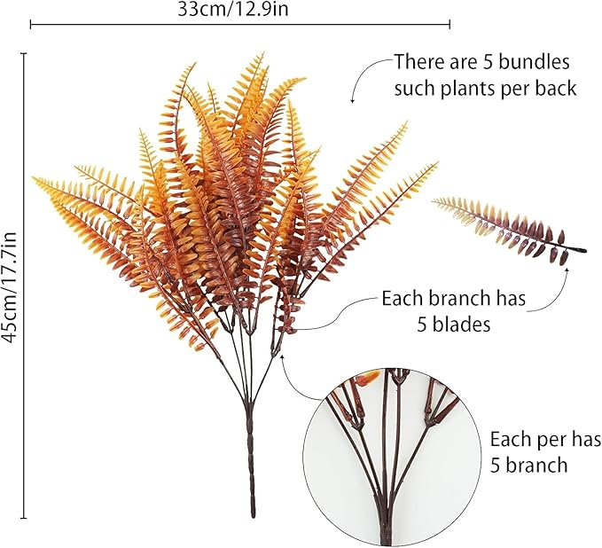 Uieke 48 Bundles Artificial Boston Fern Fall Plant Fall Decor Outdoor UV Resistant No Fade Faux Plastic Greenery Bushes for Home Fall Front Door Porch Garden Autumn Decor