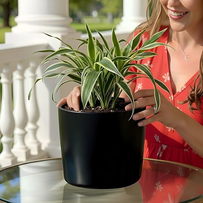 Willowy 9 Inch Black Ceramic Plant Pot with Drainage - 9 Inch Plant Pot for Indoor Plants, Flower Planter, Tall Modern Planter