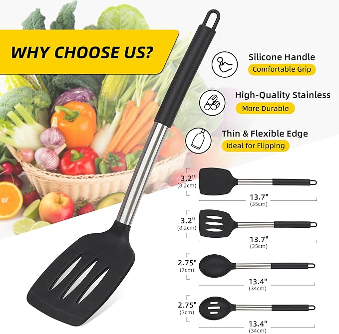 4 Pack Silicone Utensils Set, Non Stick Solid Spatulas, Heat Resistant Blue Slotted Spoons with Stainless Steel Handle, BPA Free Cooking Turner for Stir-Fry, Frying, Mixing, Serving,Draining,Turning