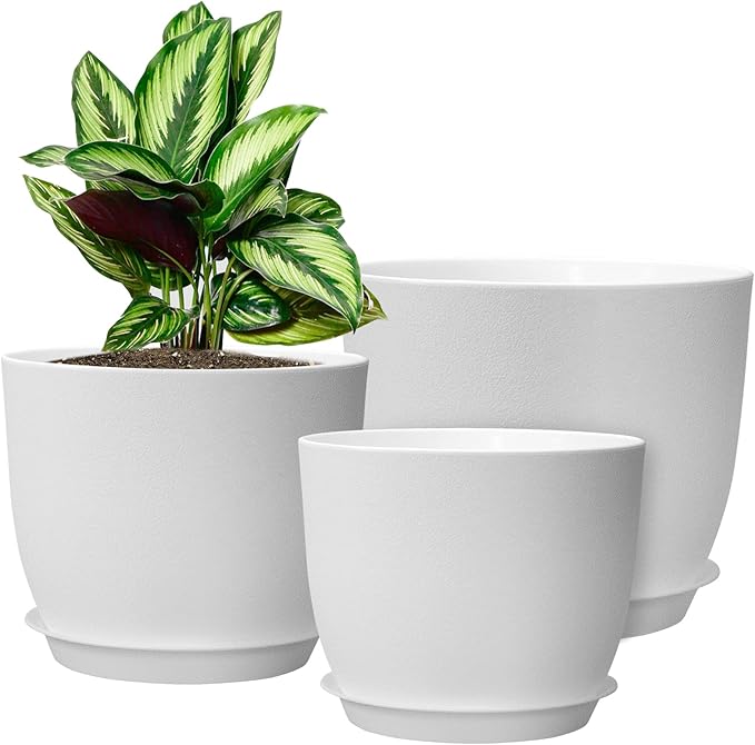 WOUSIWER Plant Pots 10/9/8 inch, Set of 3 Modern Decorative Plastic Planters with Drainage Holes and Saucers for House Plants Indoor Flowers Plants, White