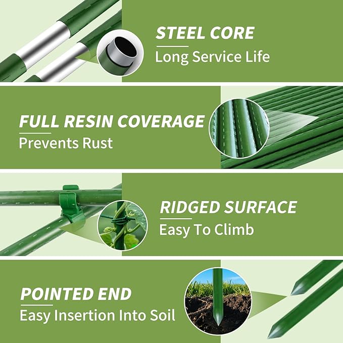 90pcs Garden Stakes Set, 16 Inches Plastic Coated Metal Plant Sticks Stakes Supports, DIY 4ft 5ft 6ft 7ft 8ft Tomato Stakes for Growing Climbing Tomato Vegetables Flowers Pepper, Versatile Ues