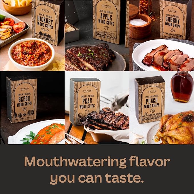 Large Wood Smoking Chips for Smoker - 6 Flavor Variety Pack of Natural Wood Chips - Apple, Hickory, Cherry, Peach, Beech, and Pear - Grilling Accessories for Smoker Grill, Charcoal and Gas Grill