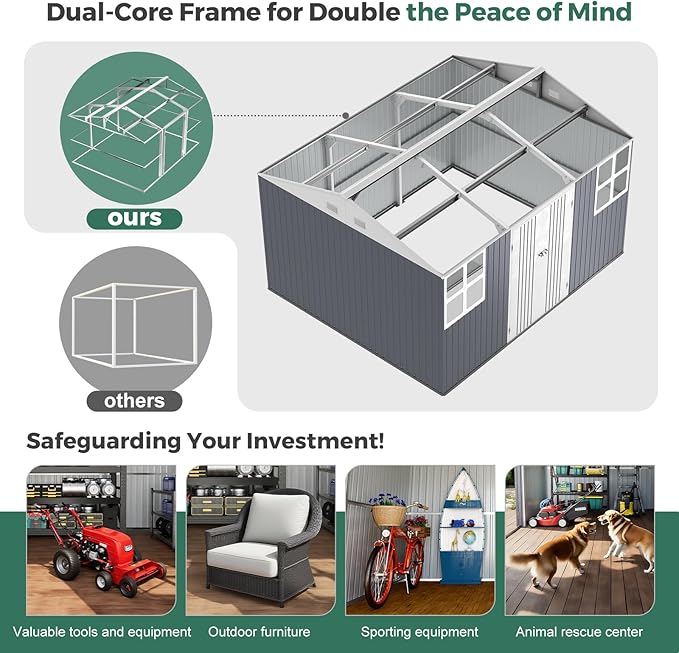 Metal shed 12x10 FT with Floor Kit, Outdoor Storage, Heavy-Duty Garden Sheds with Customizable Skylight & Reinforced Steel Frame, Weatherproof Galvanized Tool Tiny House for Backyard, Patio, and Lawn