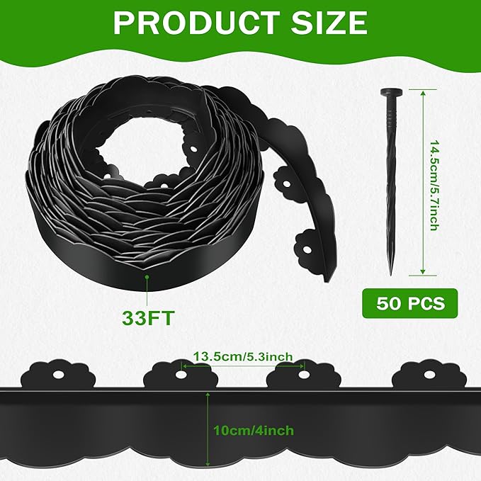 Landscape Edging Border 4 in Tall 33FT No Dig Garden Edging Borders with 50pcs Spikes Plastic Lawn Edging for Yard, Pathway and Flower Beds Fence, Black