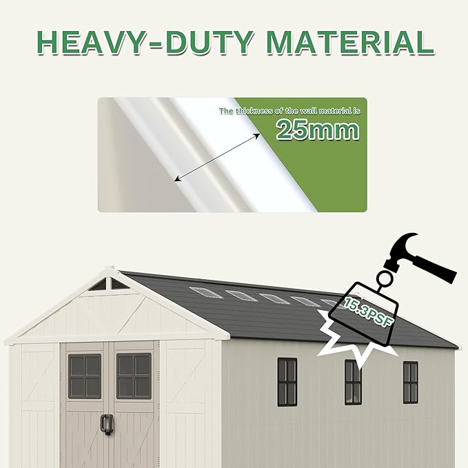 Greesum 10×16 FT Plastic Outdoor Storage Shed with Floor and Lockable Door, Resin Sheds with Windows and Skylights, Weather Resistant Organization for Garden, Lawn, Pool Supplies, Beige