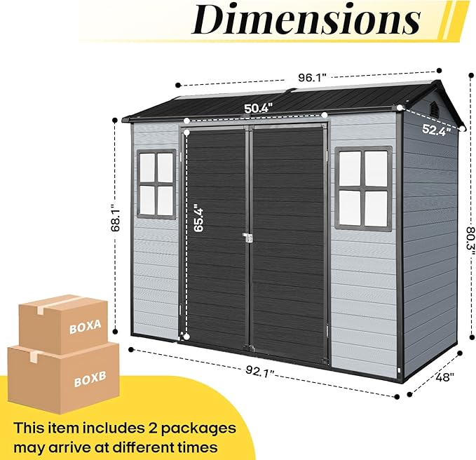 8x4ft Resin Outdoor Storage Shed with Floor and 2 Windows, Plastic Sheds & Outdoor Storage Clearance for Patio Furniture,GardenTools, Bike Accessories and Lawn Mower, Black+Grey