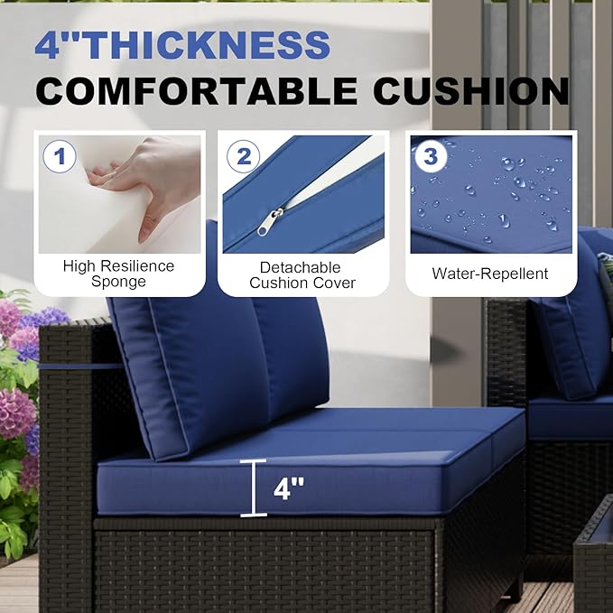 Patio Furniture Set with Fire Pit Table 28", 8-Piece Outdoor Furniture Set with Thick Cushions, Wicker Sectional Sofa for Porch Garden Backyard, Coffee/Blue