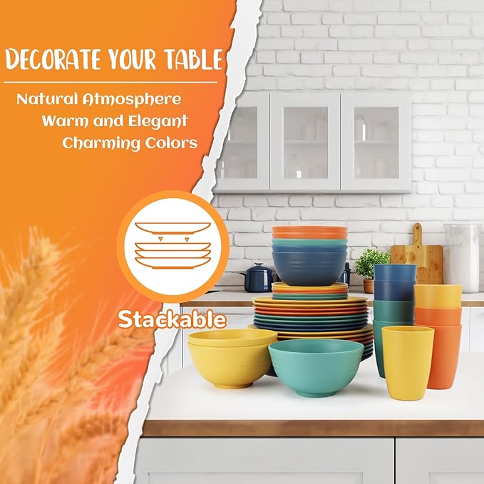 Wheat Straw Dinnerware Set 40 PCS - Service for 8 | Plates and Bowls Sets | Unbreakable Dishes Set - Dinner Plates, Dessert Plate, Cereal Bowls, Drinking Glasses, Dishwasher Safe - Multi