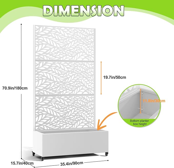15.7"×70.9"×35.4" Metal Raised Garden Bed with Trellis and Wheels - Tall Trellis Planter Box for Climbing Plants, Vegetables & Vines - Outdoor Privacy Planters for Patio (White-Spring)
