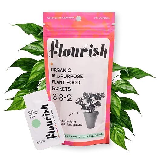 10 Individual Single Use Packets - Flourish Plant Organic All-Purpose Fast Acting Plant Food 3-3-2 Fertilizer for Indoor Plants - CDFA Certified, 0.078 fl oz, (2 Packs of 5 Single Servings) USA Made