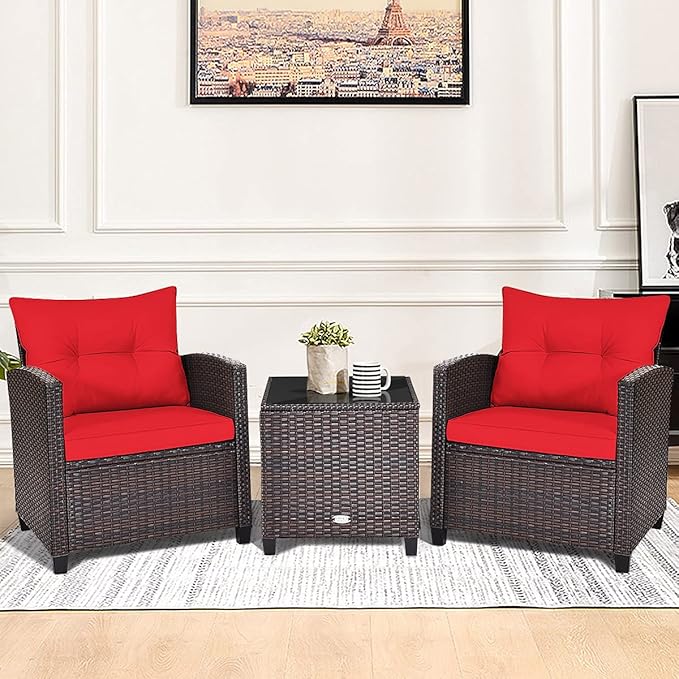 HAPPYGRILL 3 Pieces Patio Conversation Set, Outdoor Furniture Set PE Rattan Sofa Set with Removable Cushions, PE Wicker Chairs with Tempered Glass Side Table for Porch Lawn Garden Balcony Backyard