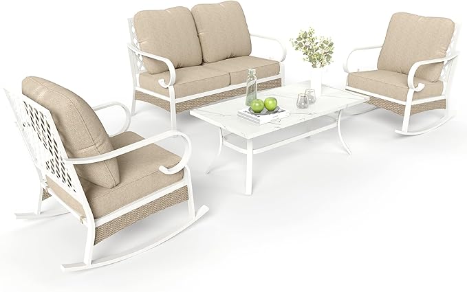 4 Piece Patio Furniture Set, 2 x Rocking Chair, 1 x 2-Seat Sofa with Marbling Coffee Table, All Cushioned 4 Seats Outdoor Conversation Set for Lawn Garden Backyard, Beige