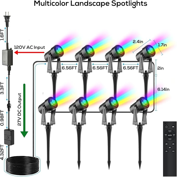 SUNTHIN Outdoor Landscape Lighting with Remote, RGBW Color Changing Spot Uplights, 8 Pack