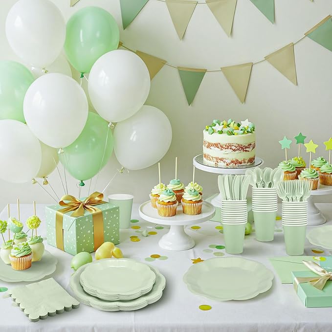 175 Pcs Sage Green Plates and Napkins Set, 25 Guest Sage Green Party Supplies Include Scalloped Plate Napkin Cup Forks Knives Disposable Plastic Cutlery for Wedding Baby Shower Birthday