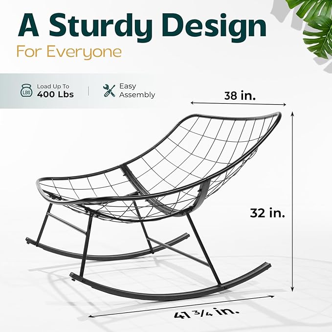 Bme Patio Rocking Chair Outdoor & Indoor, Metal Patio Lounge Rocking Chair with Thick Cushion, Comfy Modern Rocker Chair for Living Room, Porch, Backyard, Grey Cushion - Black Matte Rocker