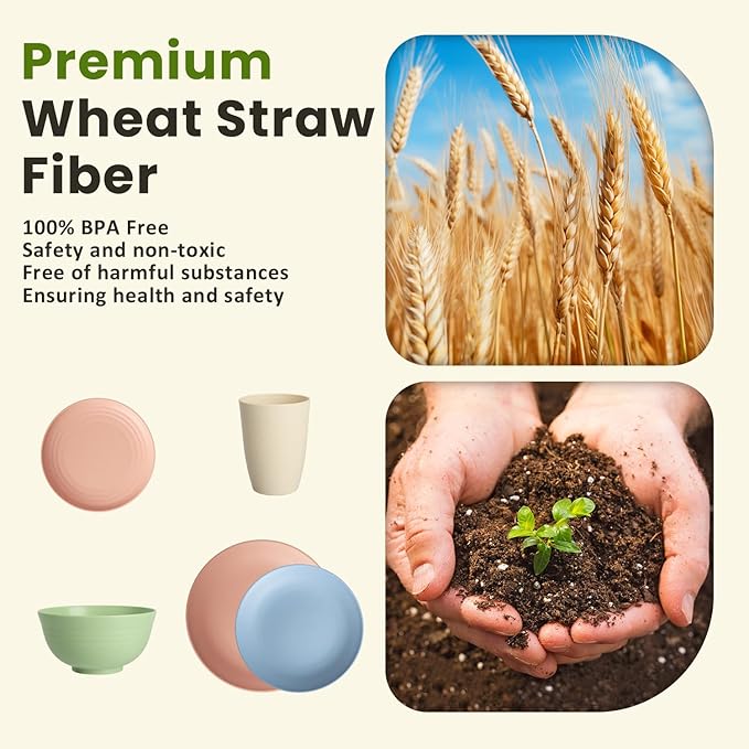 Homienly 40-Piece Dinnerwave Sets, Service for 8, Wheat Straw Dinnerware Set - Plates and Bowls Set with Cups, Lightweight Microwave and Dishwasher Safe Dish Set for Dinner, Outdoor - Multi Light
