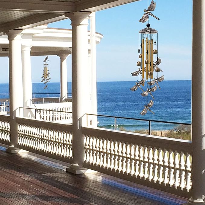 Garden Dragonfly Wind Chimes Outdoor Decor - With 4 Tubes 6 Bells 7 Dragonflies Mobile Romantic Wind Catcher, Dragonfly Windchimes for Home, Xmas Mom Gifts, Festival, Balcony, Garden Decoration