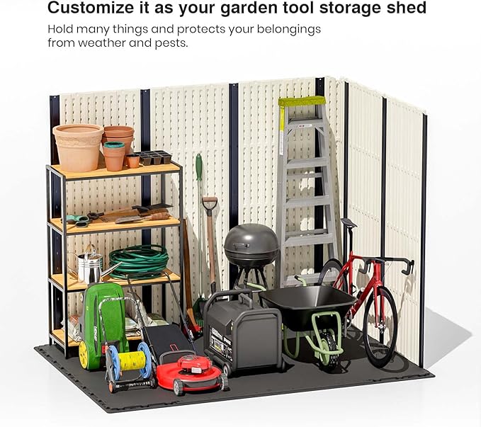 Patiowell 8x6 FT Outdoor Storage Shed, Plastic Shed Resin Garden Shed with Floor & Window & Lockable Door for Patio Furniture, Backyard Tools, Bicycles & Lawnmower, Beige