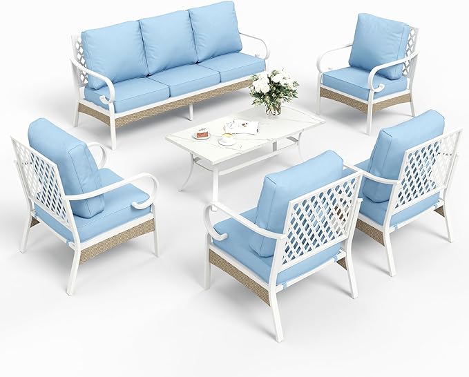 6 Piece Metal Outdoor Patio Furniture Sets, Patio Conversation Sets 1 3-seater Sofa, 4 Single Sofa with 5.75" Extra Thick Cushion and Coffee Table, White Frame Backyard Furniture, Blue