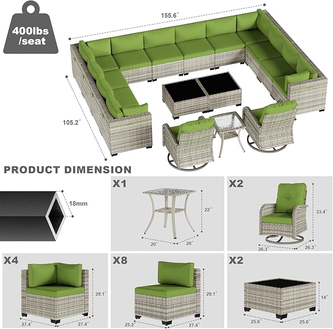 17-Piece Patio Furniture Set, Outdoor Patio Furniture with Swivel Chairs Set, Thick Cushions, Modular Patio Sofa, Dual-Strand Rattan, Rust-Resistant Frame, Grass Green