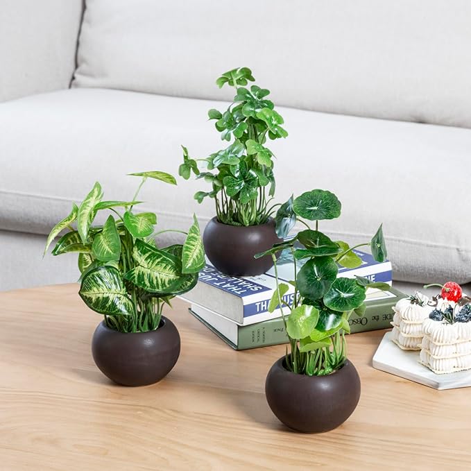 MyGift Modern Trio of Artificial Assorted Green Leaf Plants Potted in Decorative Round Brown Ceramic Pots, Faux Foliage Indoor Tabletop Houseplants, 3 Piece Set