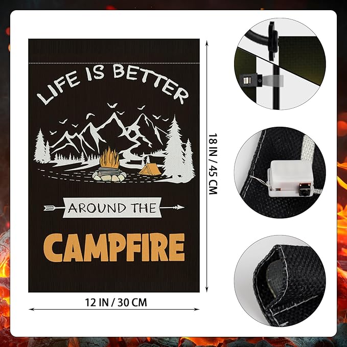 Camping Garden Flag with Led Lights, 12 x 18 Inch Double Sided Vertical Burlap Camping Fire Pit Lighted Garden Flags for RV Campsite Campfire Camper Yard Outdoor Decoration