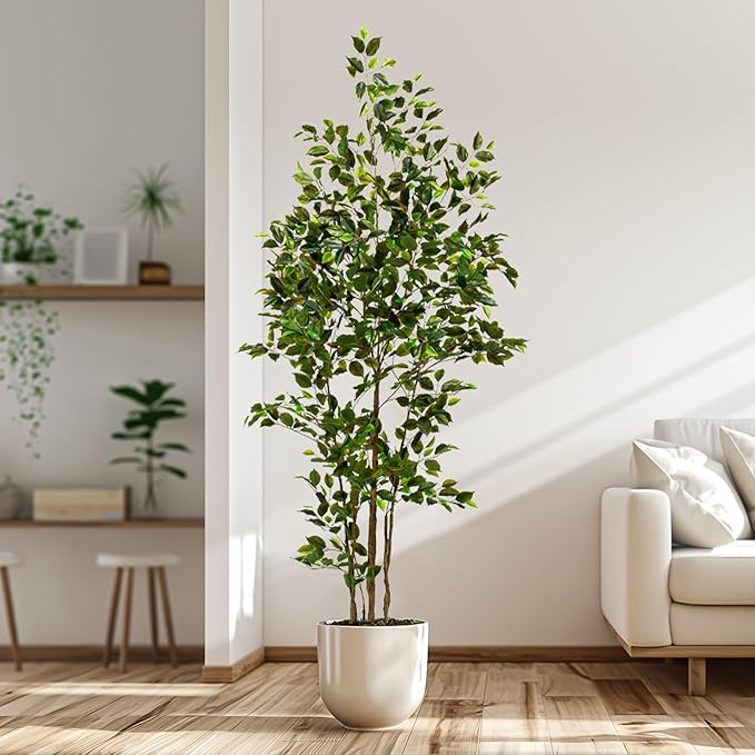 Artificial Ficus Tree Indoor 7ft, Large Potted Faux Tree with Realistic Silk Leaves & Trunk for Home Office, Living Room Corner Decor