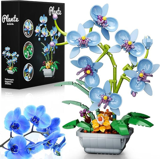Blue Orchid Flowers Bouquet Building Set, Botanical Collection Artificial Plant for Home Décor, Ideal Gifts for Mother's Day, Anniversary, Birthday