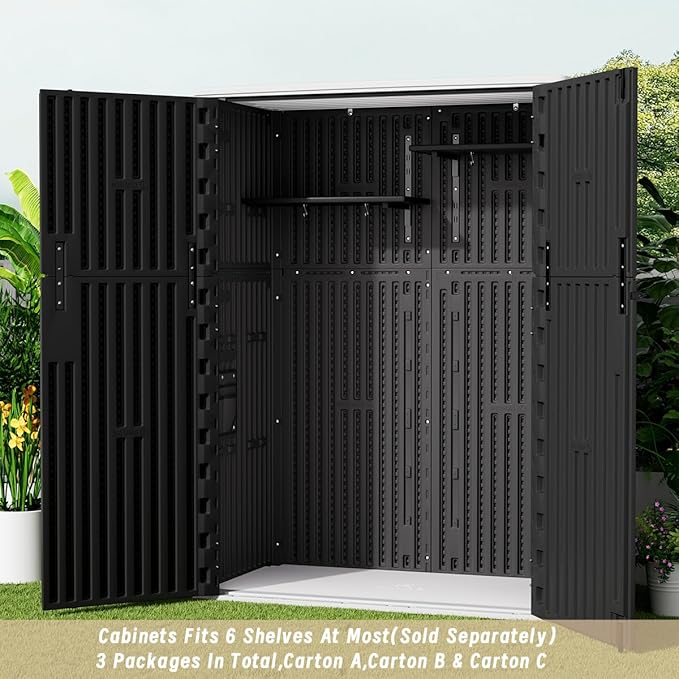 KINYING Outdoor Vertical Storage Shed,57 Cu.ft Outdoor Storage Cabinet Waterproof,Resin Sheds & Outdoor Storage Clearance for Garden,Patio,Backyard,Lockable (Black)