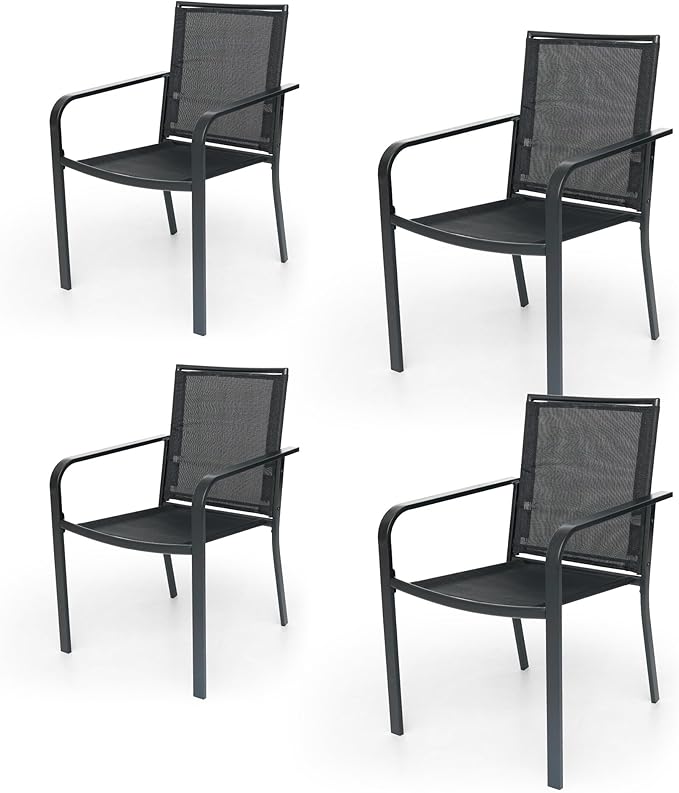 Stackable Outdoor Dining Chairs Set of 4, Black Metal Frame with Mesh Fabric, Lightweight 9 lbs, Wide Seat, All Weather Dining Set for Lawn, Garden, Backyard, Poolside
