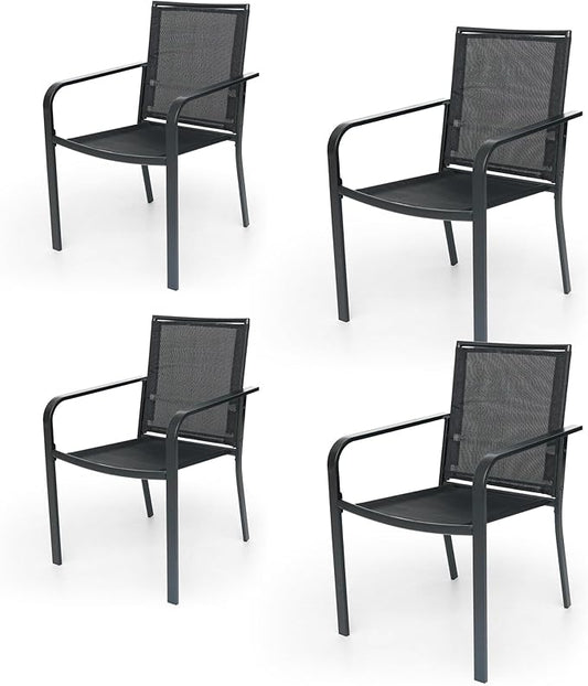 Stackable Outdoor Dining Chairs Set of 4, Black Metal Frame with Mesh Fabric, Lightweight 9 lbs, Wide Seat, All Weather Dining Set for Lawn, Garden, Backyard, Poolside