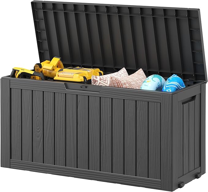 NUNU LAB 76 Gallon Deck Box, Large Resin Outdoor Storage Box, Waterproof Patio Storage Container with Double Wall Panels for Cushions, Garden Tools, Pool Toys, and Packages