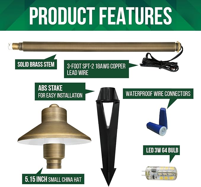 GKOLED Solid Brass Landscape Path Lights (5" Shade, 20" Tall), Low Voltage LED 3W 12-24V China Hat Path Lighting, Outdoor Waterproof Walkway Light, 2700K Warm White, with Stake and G4 Bulb, 2 Pack