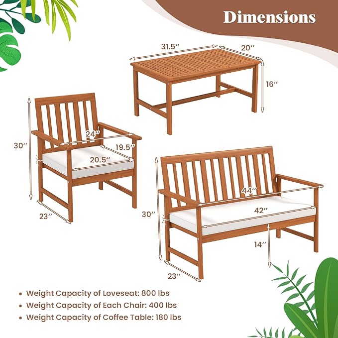 Tangkula 4-Piece Acacia Wood Patio Conversation Set, Outdoor Furniture Set with 2 Armchairs, Loveseat, Coffee Table, Soft Cushions, Slatted Sofa and Chairs Set for Deck, Backyard (Off White,2)