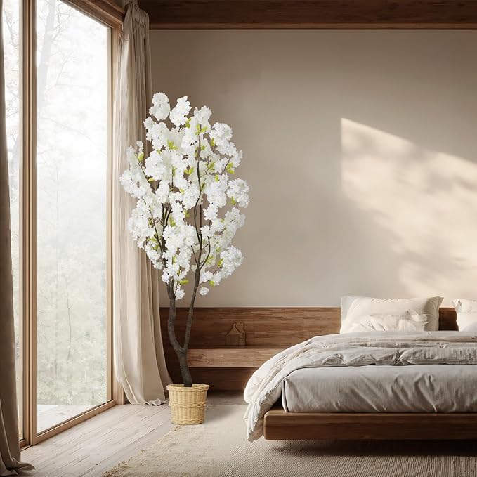 Faux White Cherry Blossom Tree 6.5ft(84in)Tall Artificial Plant Indoor Decor Handmade Natural Fake White Flower Tree for Wedding Realistic Cherry Plant in Pot for Home Living Room,Office Decor.