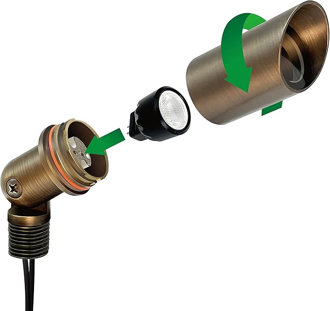 GKOLED Mini Size Brass Landscape Spotlight, Low Voltage 12V AC/DC Outdoor Directional Up Light, 180 LM, 3W MR8 LED Bulb ABS Ground Stake, 2700K Garden Patio Trees Spot Uplight (Pack of 10)