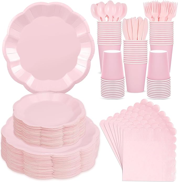 350 Pcs Light Pink Party Supplies Include Scalloped Plate Napkin Cup Forks Knives, Plastic Cutlery 50 Guest Disposable Party Tableware Set for Wedding Baby Shower Bridal Shower Birthday Parties