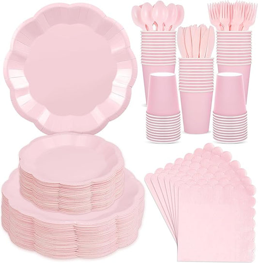 350 Pcs Light Pink Party Supplies Include Scalloped Plate Napkin Cup Forks Knives, Plastic Cutlery 50 Guest Disposable Party Tableware Set for Wedding Baby Shower Bridal Shower Birthday Parties