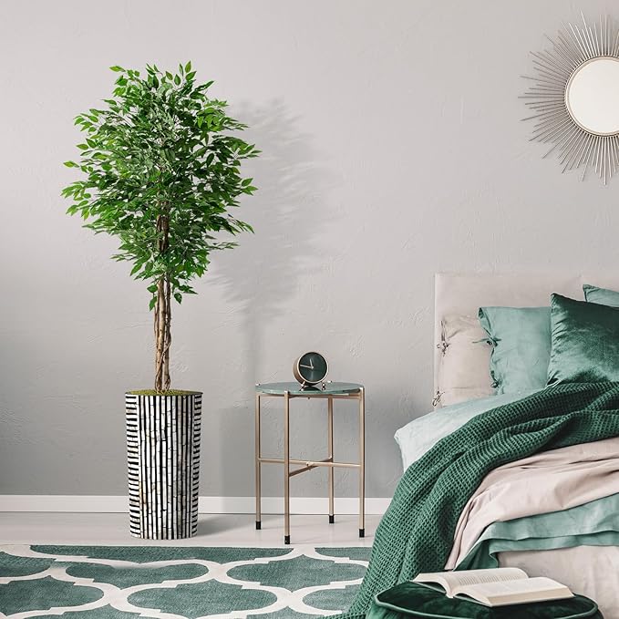 Artificial Tree in Black and Brown Striped Planter, Fake Ficus Silk Tree for Indoor and Outdoor Home Decoration - 75" Overall Tall (Plant Pot Plus Tree)
