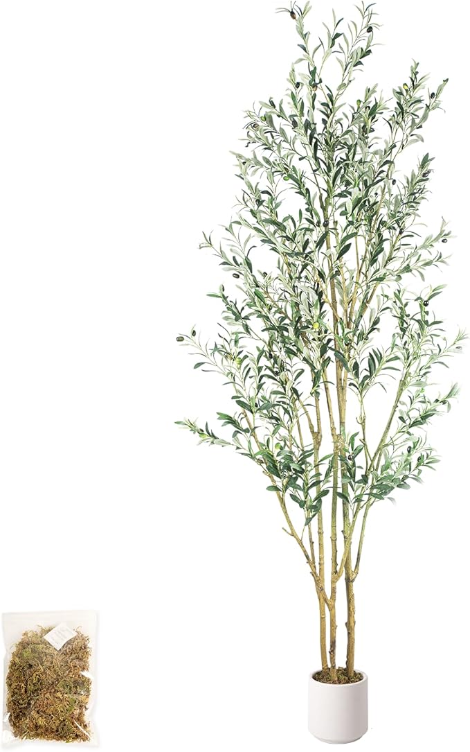 Artificial Fake Olive Tree 8FT Tall 1Pack with White Planter Faux Silk Olive Tree for Home Living Room Office Decor Faux Artificial Plants Indoor with Fruit & Free Moss