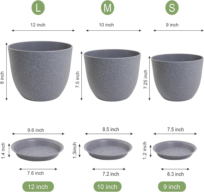 12/10/9 Large Modern Plant Pots, Plastic Planters with Drainage Holes and Saucers for Indoor Outdoor Plants Flowers, Grey Speckles