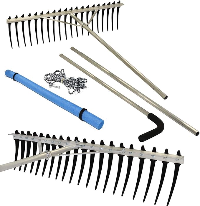 Rake Zilla | Extra-Large Heavy-Duty Lake and Pond Aquatic Weed Rake – 40" Wide Head with 9" Tines | Includes Detachable Float Kit & 25 ft Rope for Scooping, Skimming, and Easy Cleanup in Lakes & Ponds