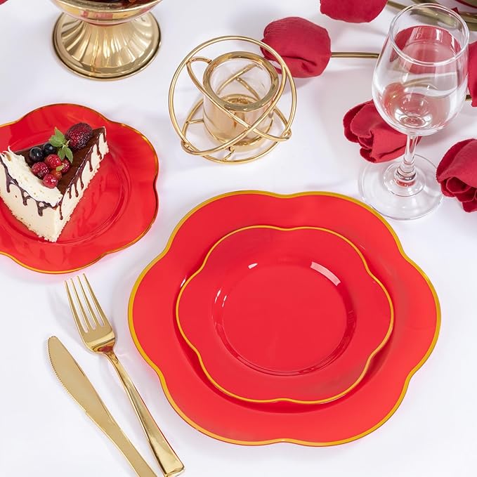 Liacere 50PCS Red Plastic Plates - Heavy Duty Disposable Plate-Red and Gold Include 25PCS Dinner Plate, 25PCS Dessert Plates for Halloween＆Thanksgiving＆Christmas