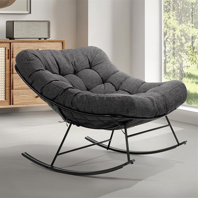 Bme Patio Rocking Chair Outdoor & Indoor, Metal Patio Lounge Rocking Chair with Thick Cushion, Comfy Modern Rocker Chair for Living Room, Porch, Backyard, Grey Cushion - Black Matte Rocker